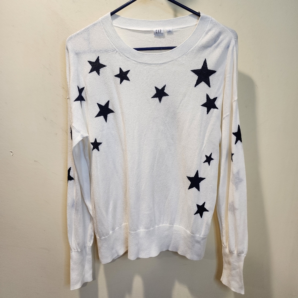 GAP White Cotton Blend Sweater with Black Star Pattern Size L
